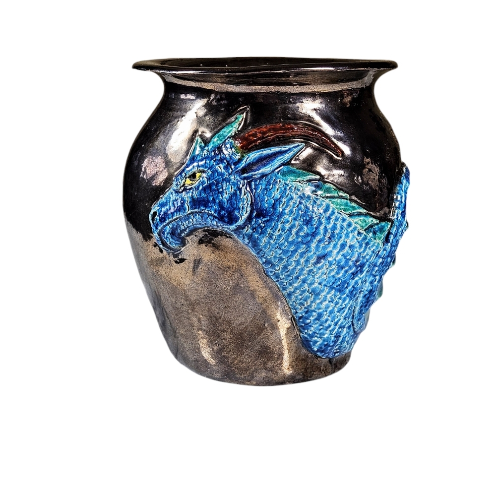 Year Of The Dragon Metallic Fired Raku Webster Pottery Planter Vase Hand Crafted